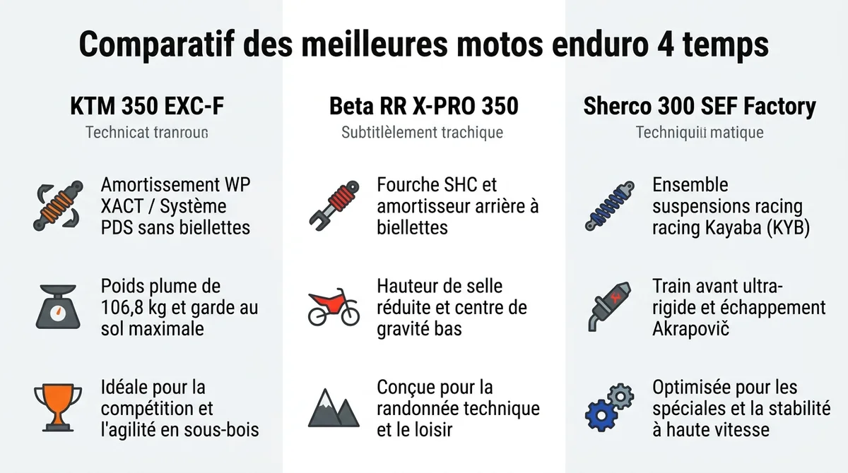 Infographie comparative des meilleures motos enduro 4 temps : KTM 350 EXC-F, Beta RR X-PRO 350 et Sherco 300 SEF Factory.