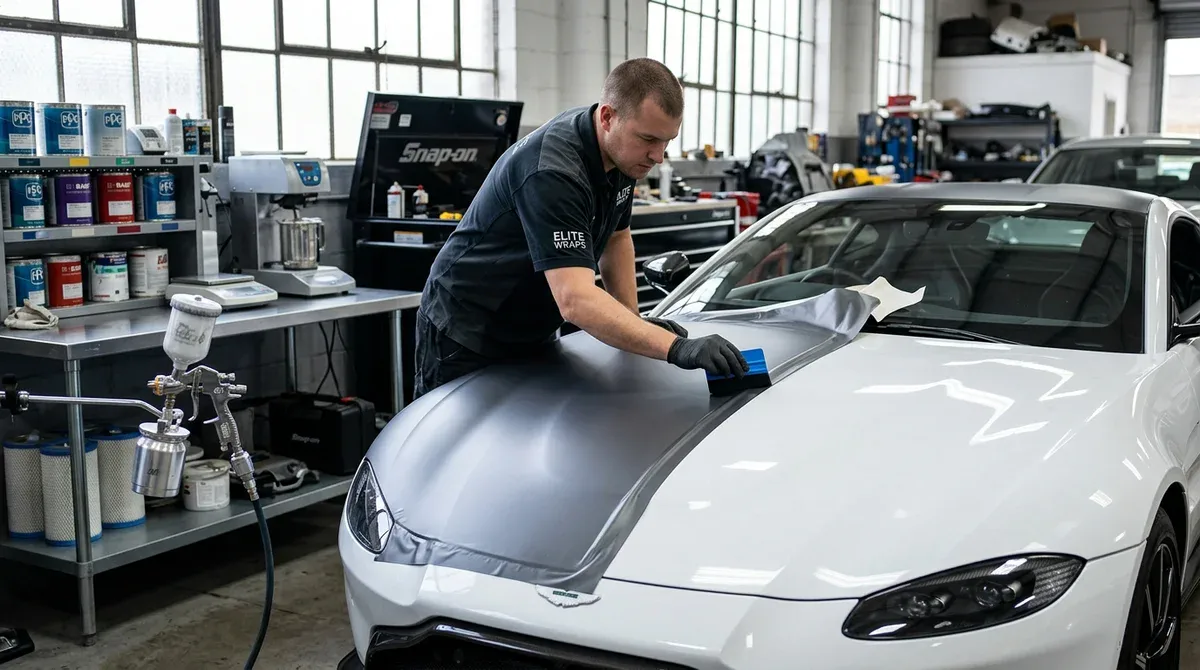 Technicien appliquant un covering mat sur une voiture dans un garage professionnel, alternative à la peinture complète.