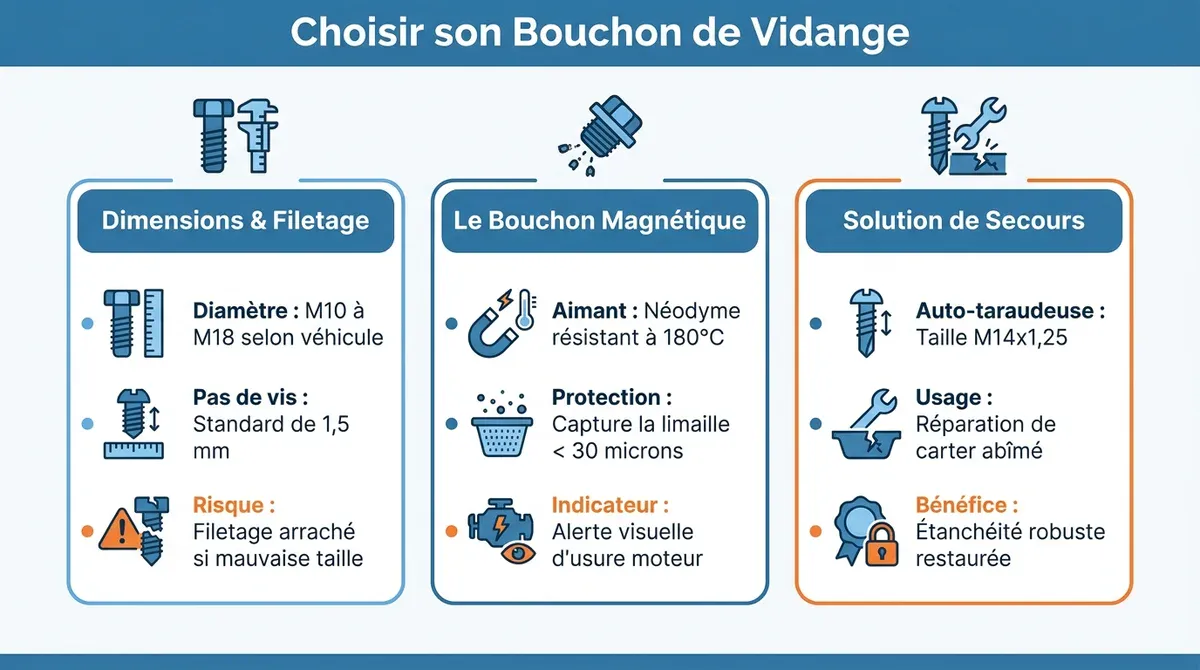 Infographie explicative pour choisir son bouchon de vidange : dimensions, filetage et avantages du bouchon magnétique.