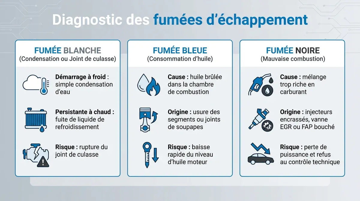Infographie de diagnostic des pannes de voiture selon la couleur de la fumée d'échappement : blanche, bleue ou noire.