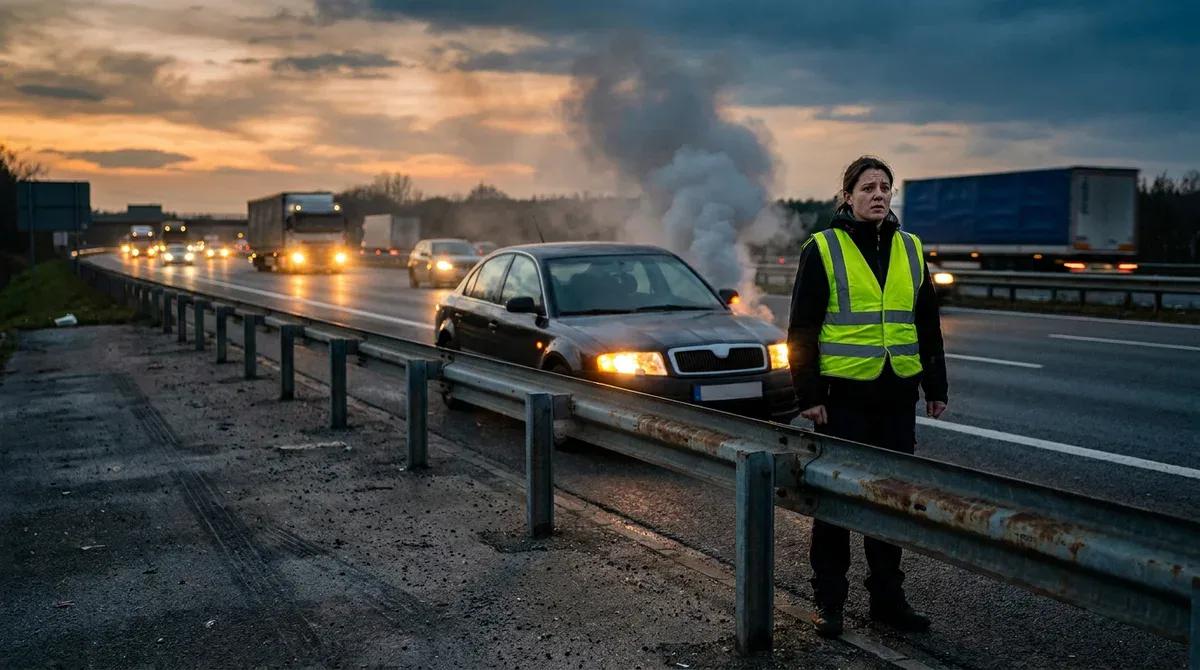 Conducteur inquiet près de sa voiture en panne dégageant une épaisse fumée grise sur le bord d'une autoroute.
