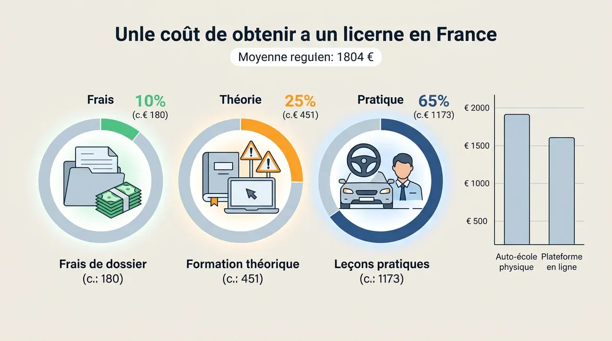 Infographie du coût réel du permis de conduire en France : frais, théorie, pratique et comparatif auto-école en ligne.