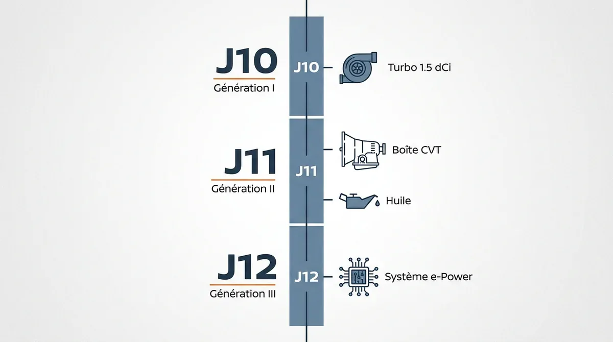 Infographie des pannes Nissan Qashqai par génération : J10 turbo, J11 boîte CVT et J12 système e-Power.