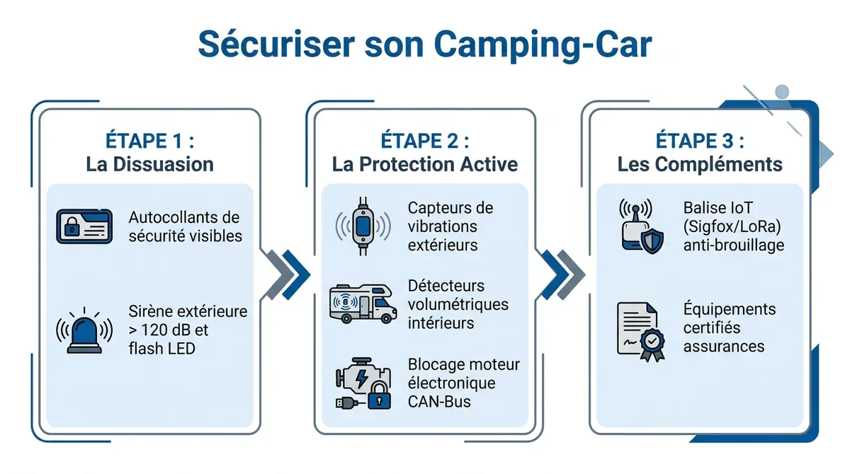 Infographie présentant la stratégie de sécurité en 3 étapes pour protéger un camping-car contre le vol.
