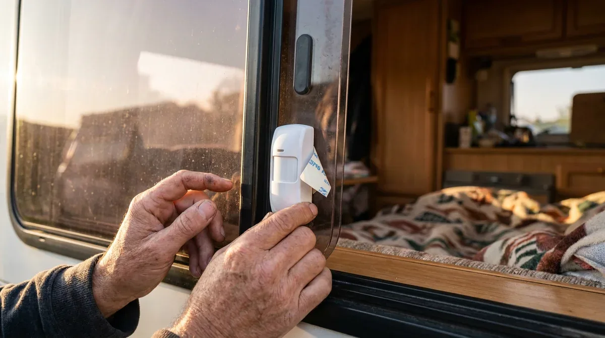 Installation d'un capteur d'alarme sans fil sur la fenêtre d'un camping-car pour sécuriser son véhicule.