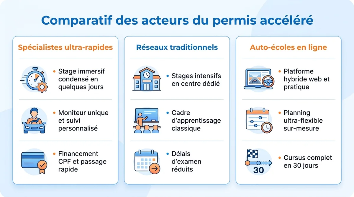 Infographie comparative des auto-écoles pour passer le permis accéléré : stages intensifs et plateformes en ligne.