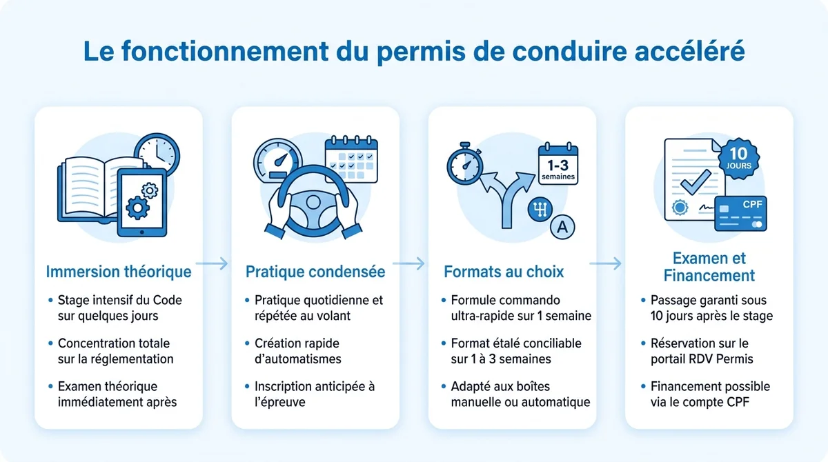 Infographie expliquant le fonctionnement du permis de conduire accéléré, du stage de code à l'examen pratique.
