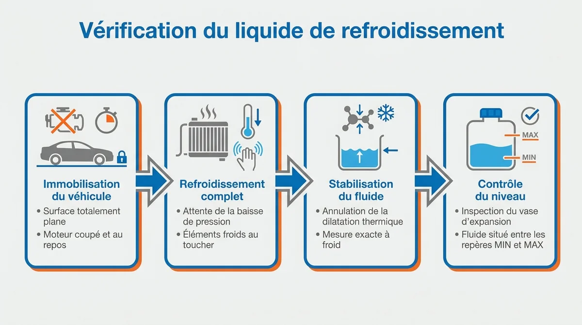 Infographie expliquant les étapes de sécurité pour vérifier le niveau de liquide de refroidissement d un moteur à froid.