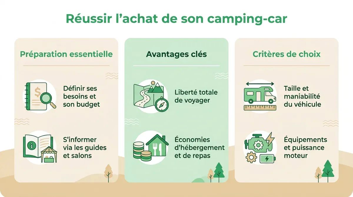 Infographie présentant les étapes de préparation, les avantages et les critères de choix pour l'achat d'un camping-car.