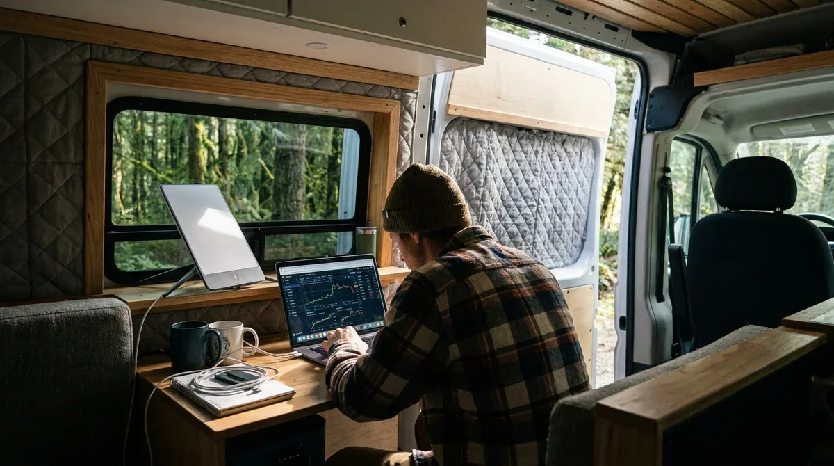 Espace de travail nomade dans un van aménagé avec ordinateur et vue sur la forêt, idéal pour vivre en van.