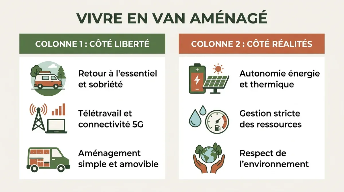 Infographie comparative sur la vanlife présentant les avantages de liberté et les contraintes logistiques.