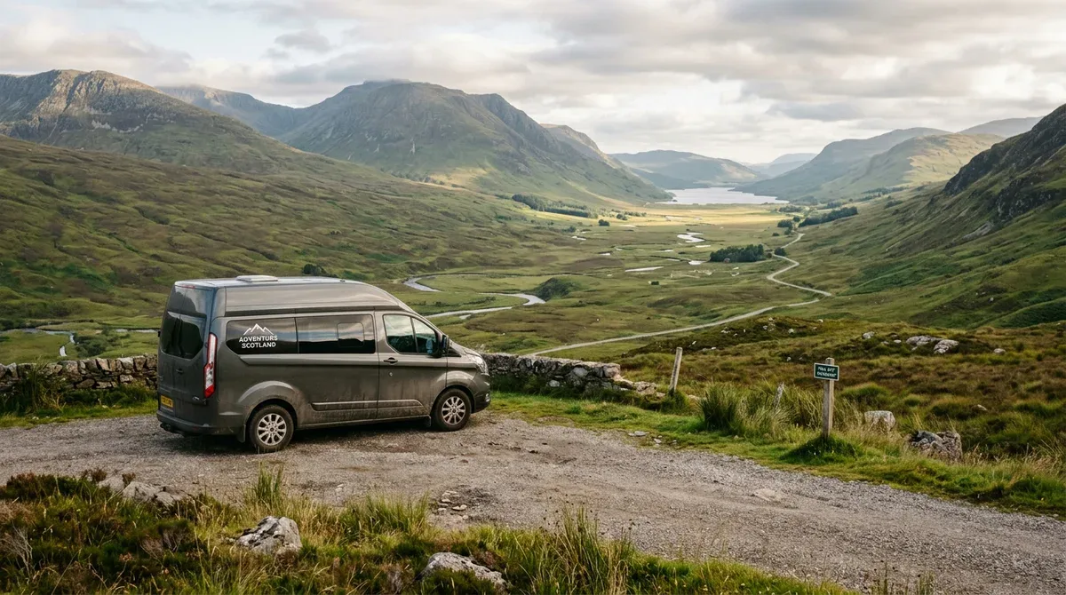 Camping-car stationné dans les Highlands en Écosse pour un road trip inoubliable en pleine nature sauvage.