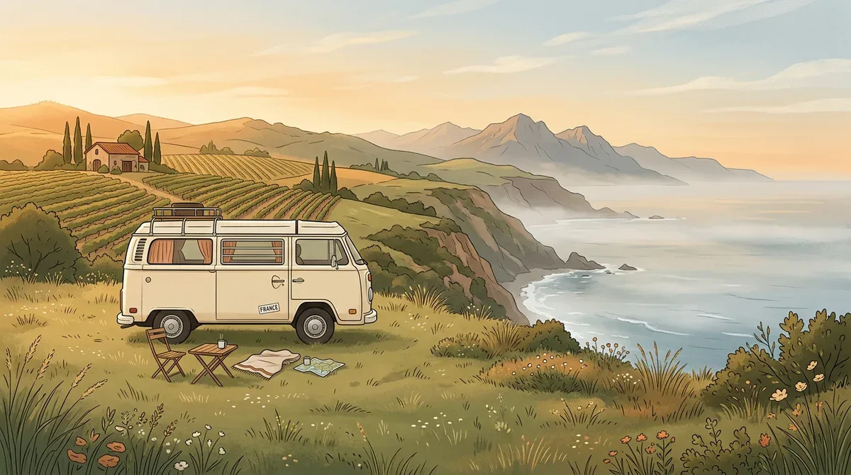 Illustration minimaliste d'un camping-car vintage face à une côte française pour un road trip inspirant