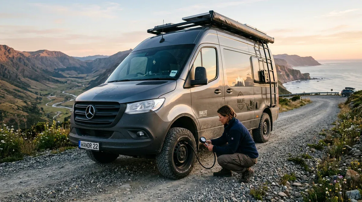 Camping-car moderne sur une route côtière au coucher du soleil, vérification de la pression des pneus pour un road trip