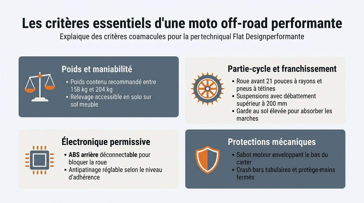 Infographie des 4 critères essentiels d'une moto off-road : poids, partie-cycle, électronique et protections.