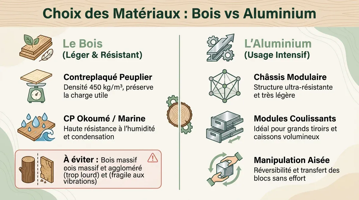 Infographie comparative présentant le bois et l'aluminium pour concevoir un kit d'aménagement amovible de van.