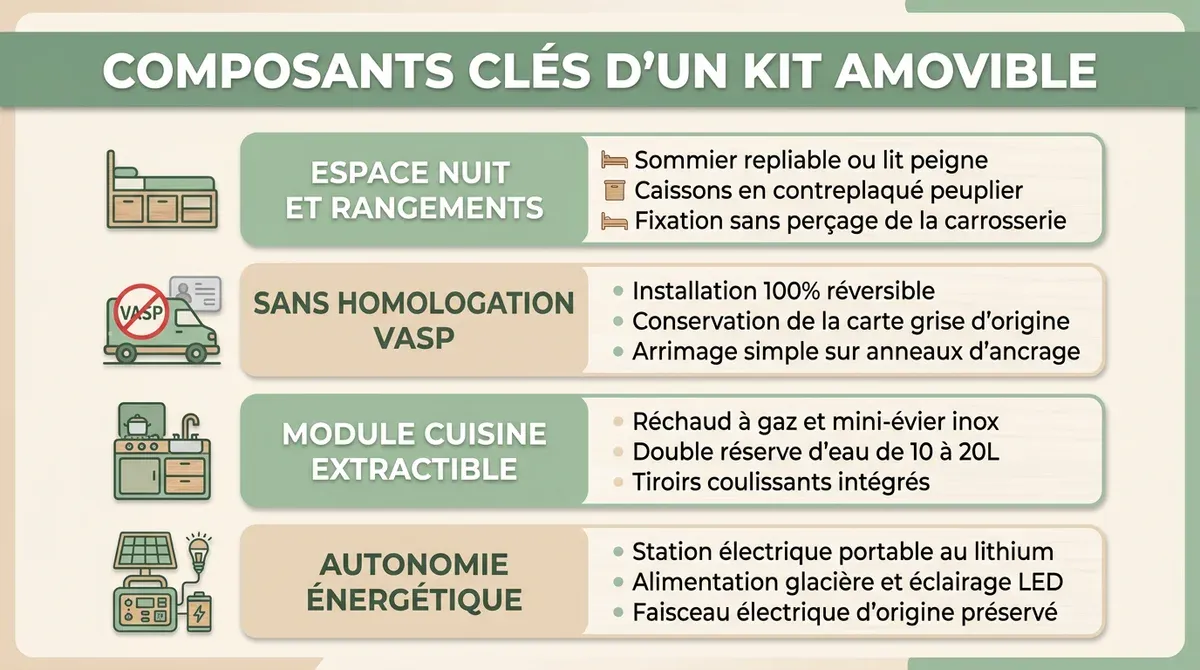Infographie presentant les composants cles d un kit d amenagement amovible pour van nuit cuisine et energie