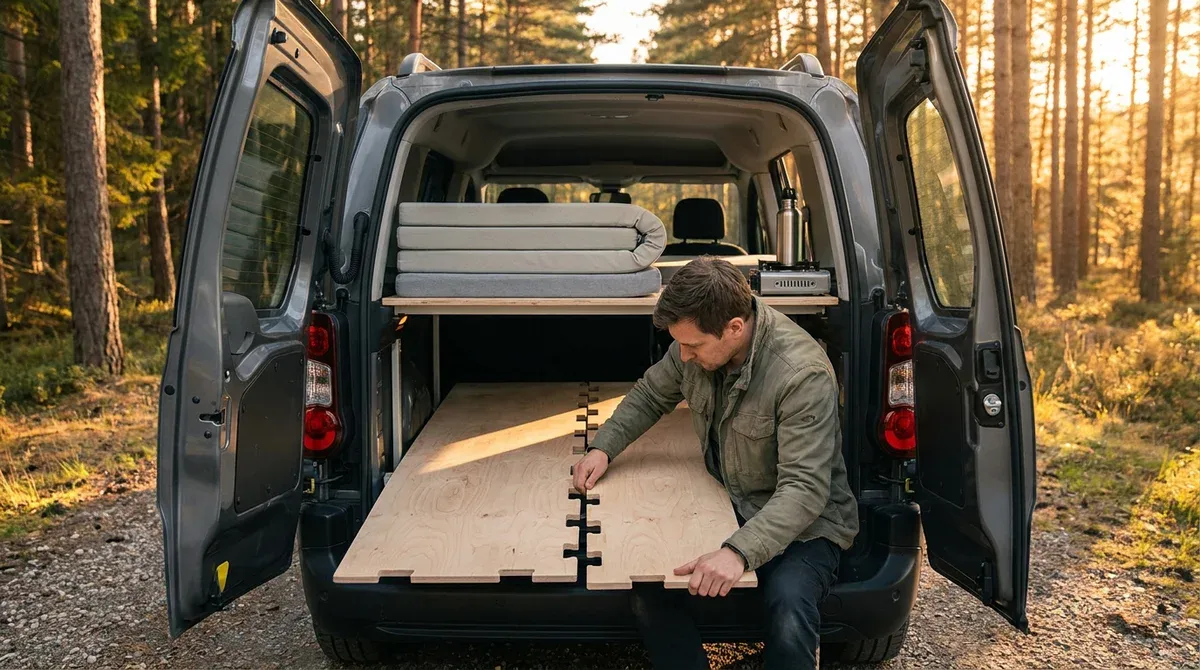 Kit d'aménagement amovible avec matelas pliable installé dans un van aménagé en lisière de forêt au coucher du soleil.
