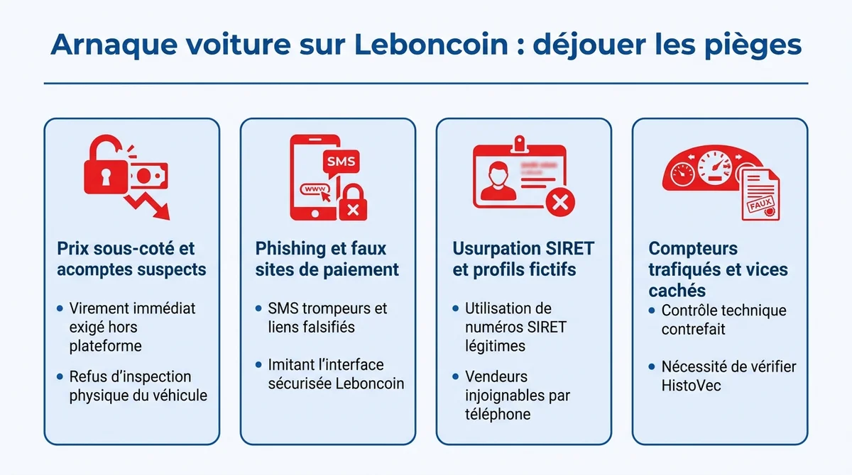 Infographie explicative sur les arnaques de voitures d'occasion sur Leboncoin et les conseils pour déjouer les pièges.