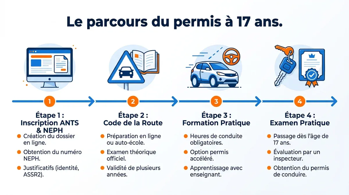Infographie des 4 étapes pour obtenir le permis de conduire à 17 ans : ANTS, code, conduite et examen.