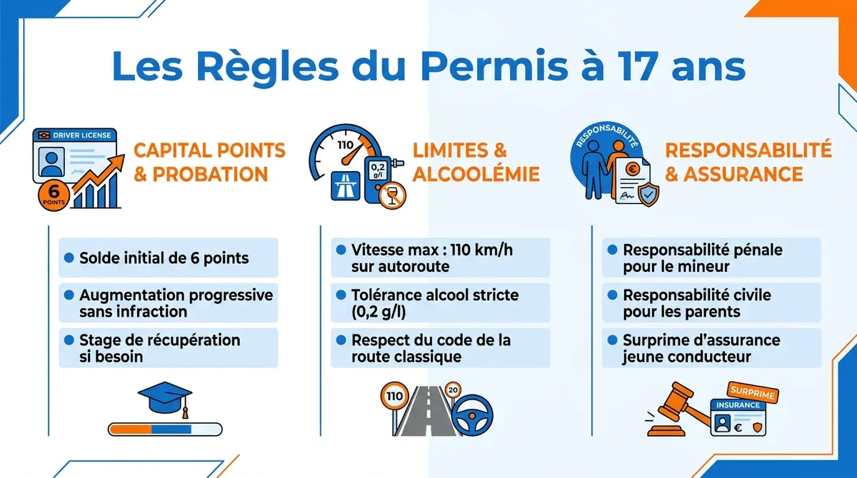 Infographie expliquant les règles du permis de conduire à 17 ans : points, limitations et assurance.