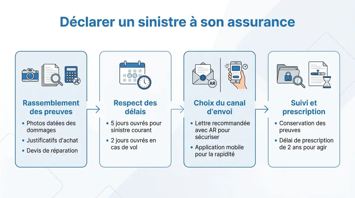 Infographie expliquant les étapes, justificatifs et délais légaux pour déclarer un sinistre à son assurance.