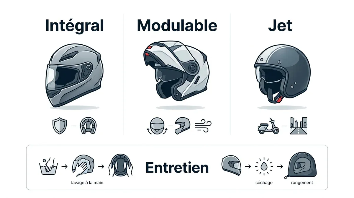Infographie comparative des types de casques moto 2026 : intégral, modulable et jet avec conseils d'entretien.