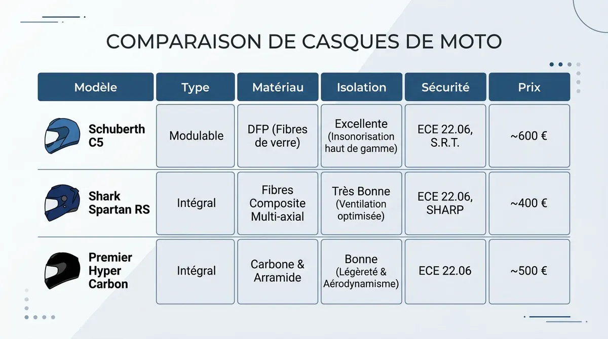 Tableau comparatif des meilleurs casques moto 2026 : Schuberth, Shark et Premier. Guide d'achat sécurité et confort.