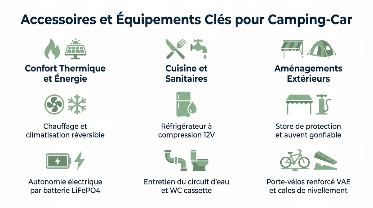 Infographie des équipements indispensables pour camping-car : chauffage, autonomie électrique, sanitaires et auvent.