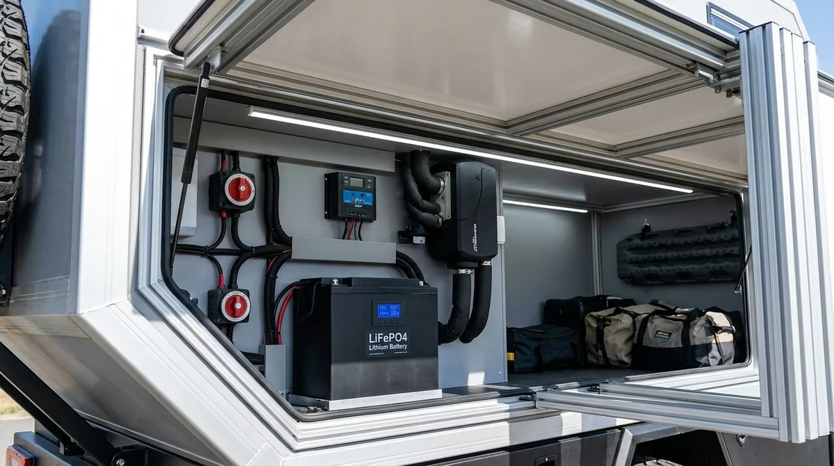 Garage technique d'un camping-car moderne 2026 avec batterie lithium et installation électrique haute performance.