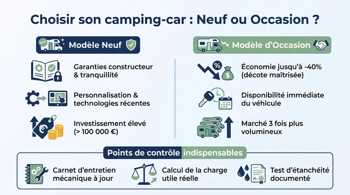Infographie comparative pour bien choisir son camping-car neuf ou d occasion et points de controle cles.