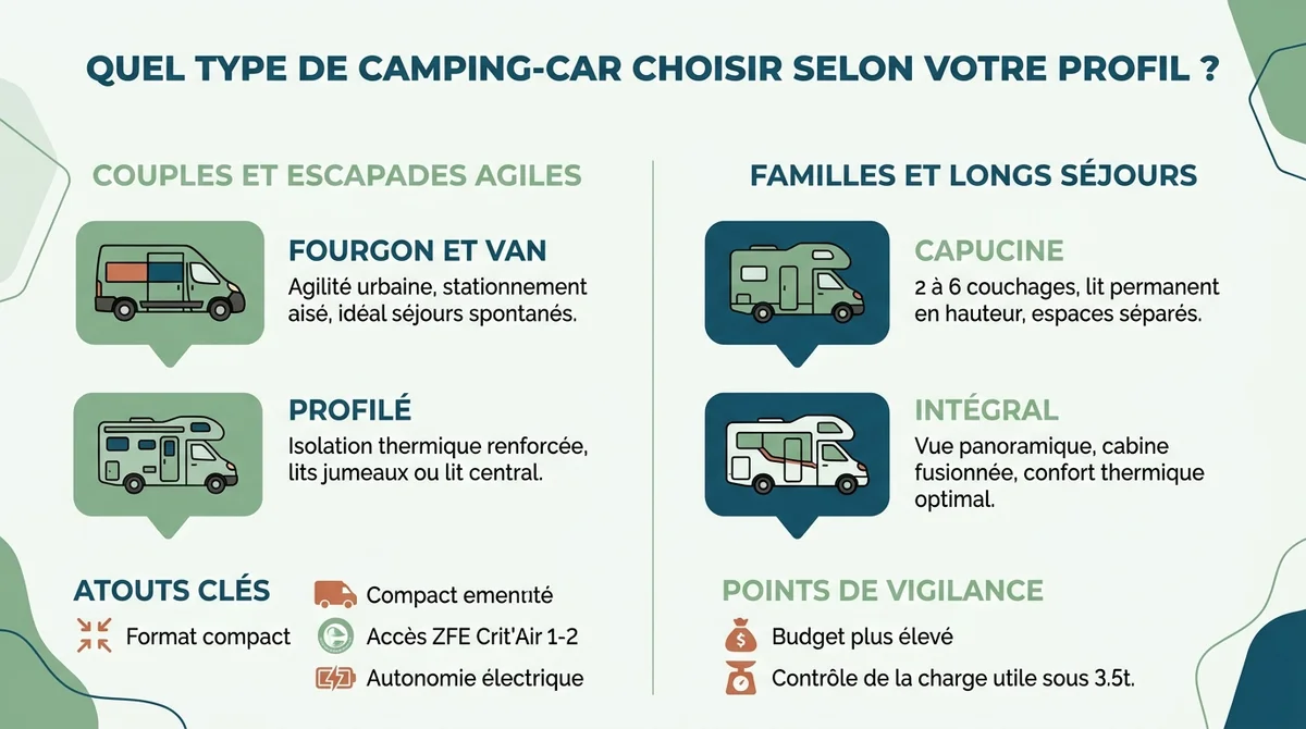 Infographie comparant les camping-cars pour couples et familles selon le profil et le confort recherché.