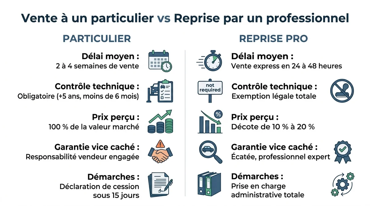 Tableau comparatif entre la vente de moto à un particulier et la reprise immédiate par un professionnel.