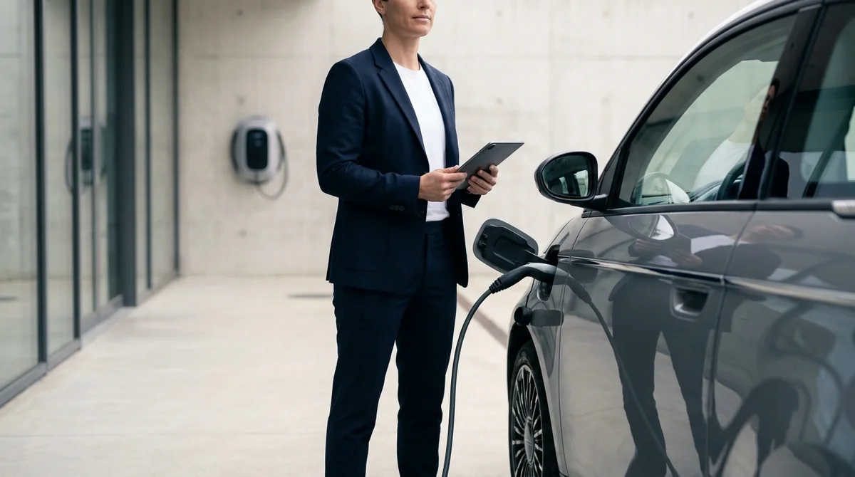 Personne confiante examinant une voiture électrique compacte grise moderne devant une borne de recharge murale en 2026.