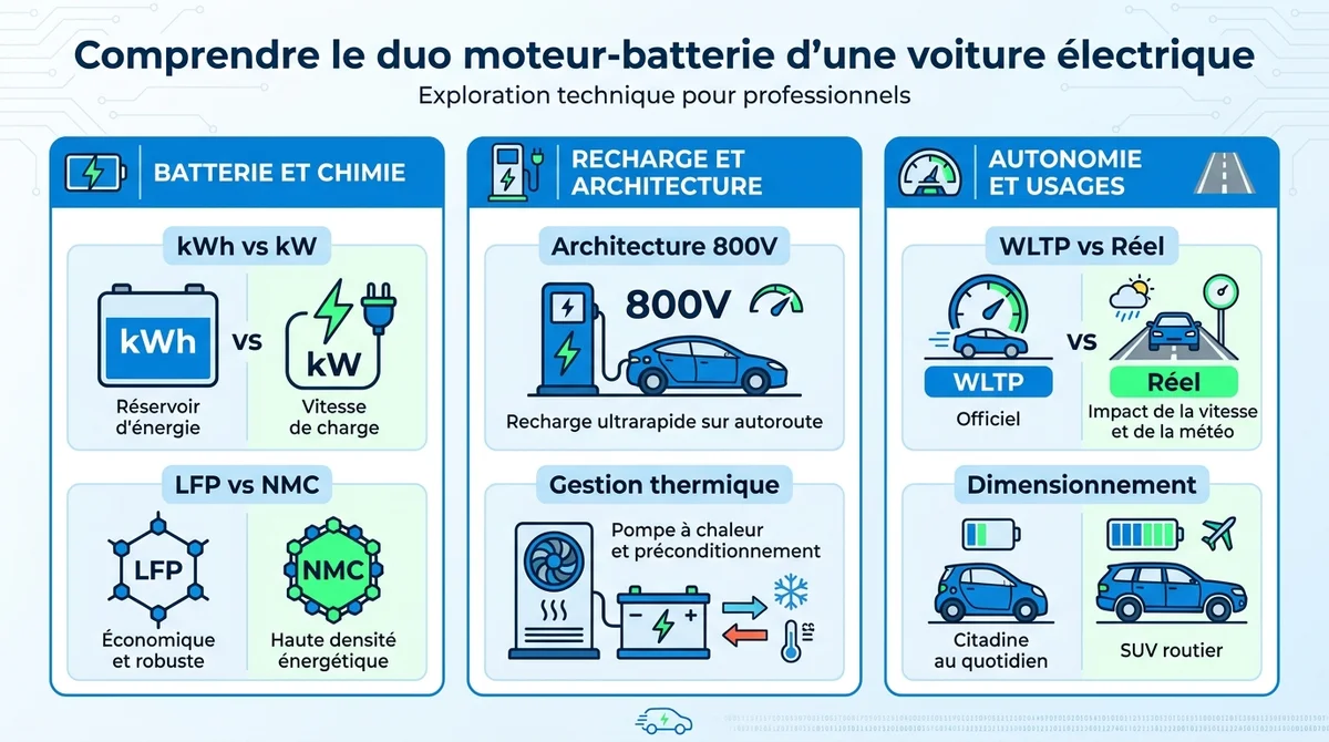 Infographie explicative sur le fonctionnement des batteries et l'autonomie des voitures électriques en 2026.