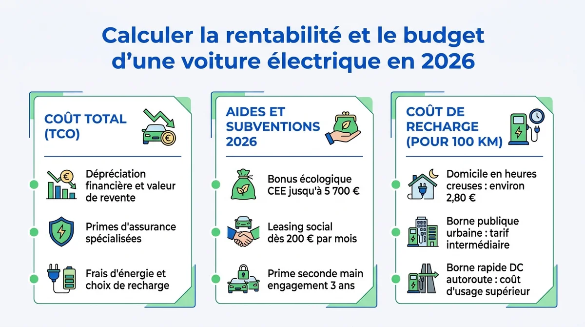 Infographie synthétique expliquant le TCO, les aides 2026 et le coût des recharges pour voiture électrique.