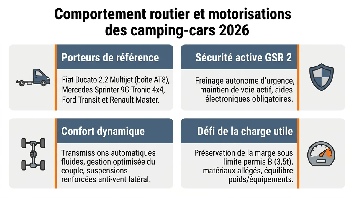 Infographie comparant les porteurs techniques, sécurité GSR 2 et charge utile des camping-cars 2026.