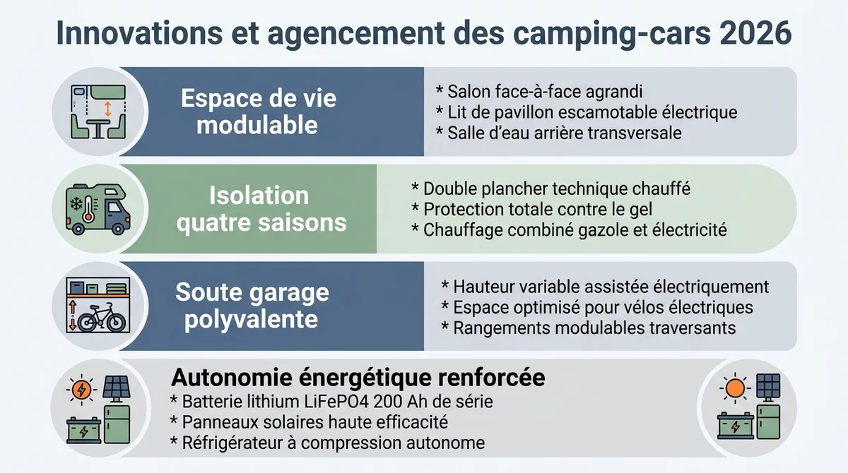 Infographie des innovations d'agencement et d'autonomie des camping-cars 2026 : espace modulable, soute et énergie lithium.