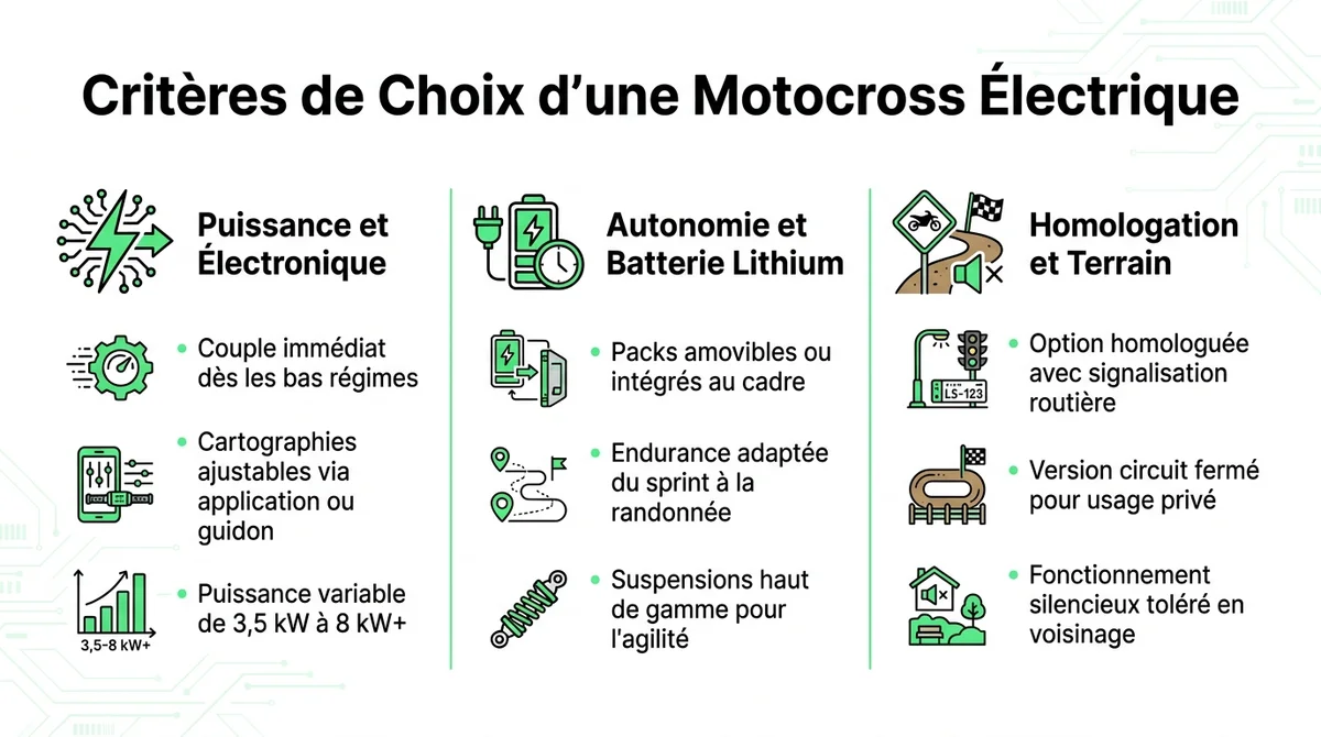 Infographie explicative sur les critères de choix d'une motocross électrique : puissance, batterie et homologation.