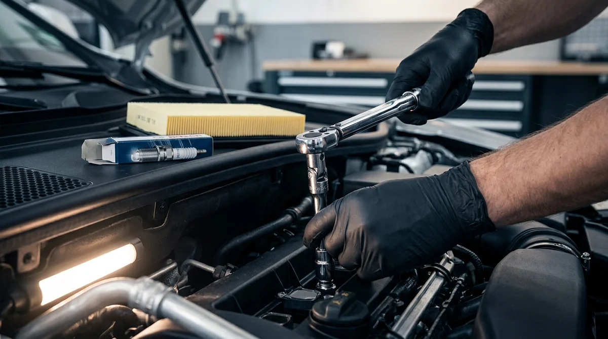 Entretien voiture soi-meme avec une bougie neuve et un filtre a air propre dans un garage bien range