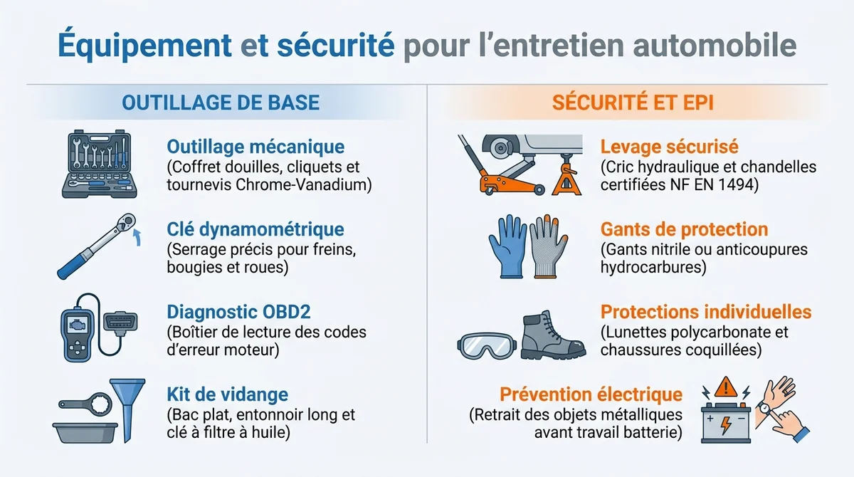 Infographie présentant l outillage de base et les équipements de sécurité indispensables pour l entretien auto.