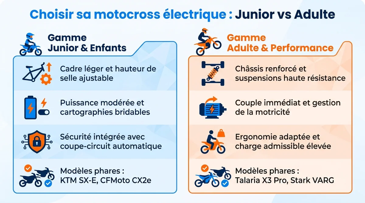 Infographie comparative des motocross électriques pour enfants et adultes selon la morphologie, puissance et sécurité.