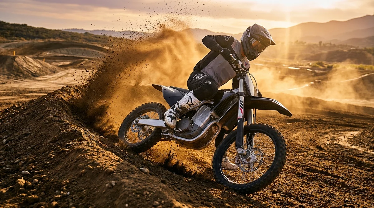 Pilote pro en motocross électrique prenant un virage relevé sur une piste en terre, ambiance coucher de soleil en 2026.