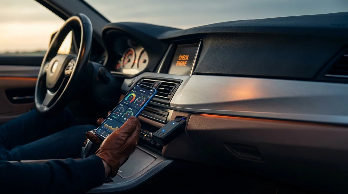 Diagnostic auto : branchement d'une valise de diagnostic OBD2 sur le port d'une voiture moderne au coucher du soleil