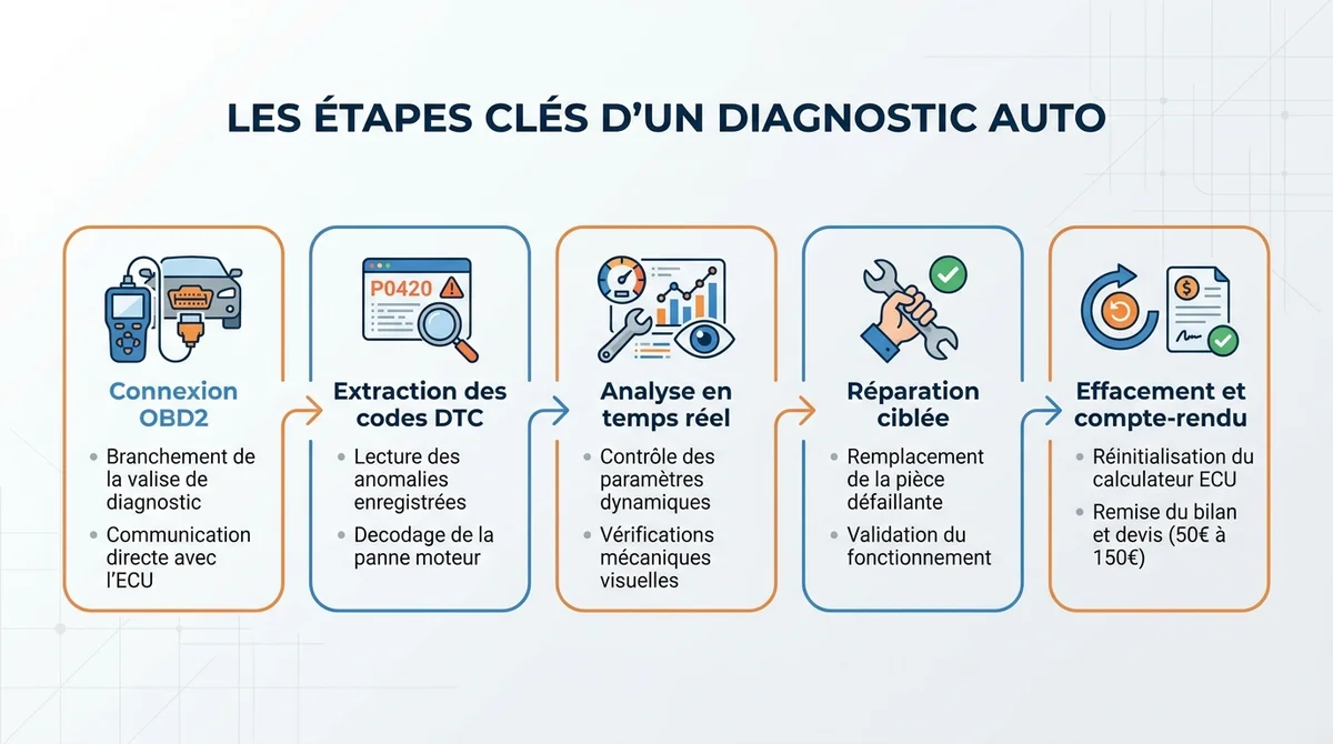 Infographie expliquant les étapes d'un diagnostic auto électronique, du branchement OBD2 à l'effacement des codes défauts.