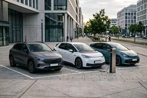 Trois voitures électriques compactes comparées près d’une borne de recharge