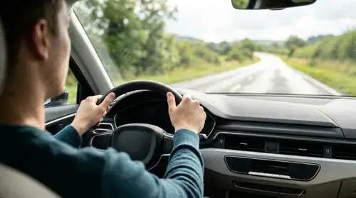 Apprenti conducteur tenant le volant sur une route dégagée