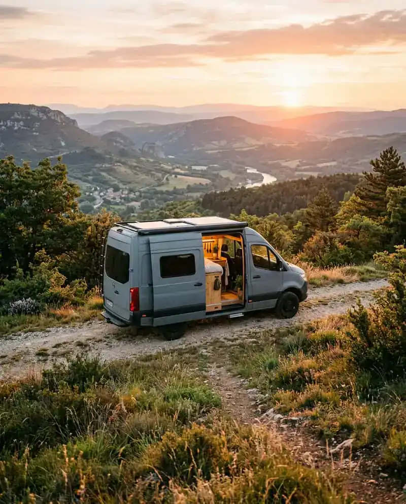 Van aménagé dans un paysage naturel