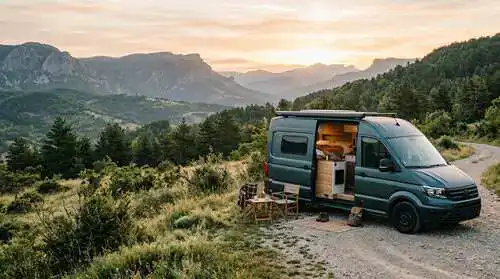 Van aménagé dans un paysage naturel au lever du soleil