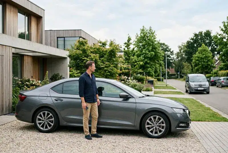 Voiture en panne assistée devant une maison